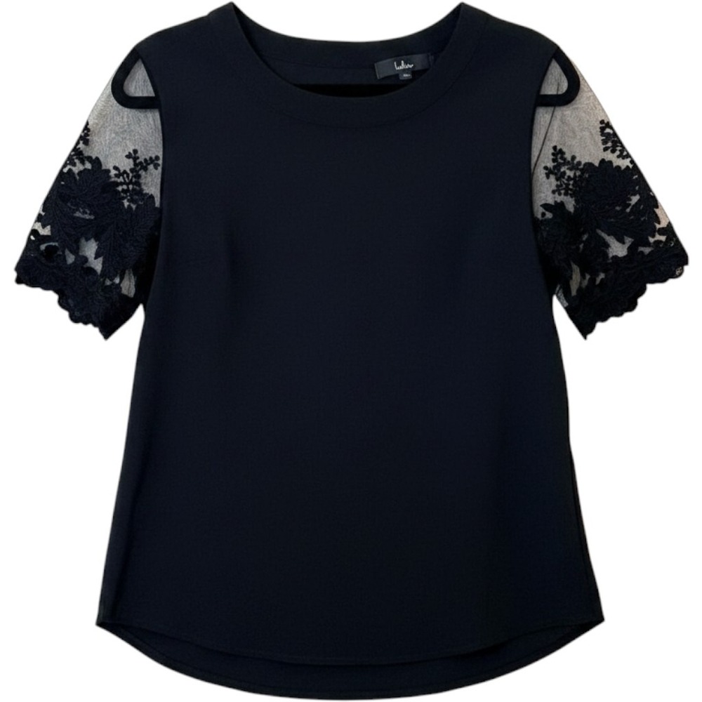 Lulus Black Short‎ Sleeve Blouse with Floral Lace Detail